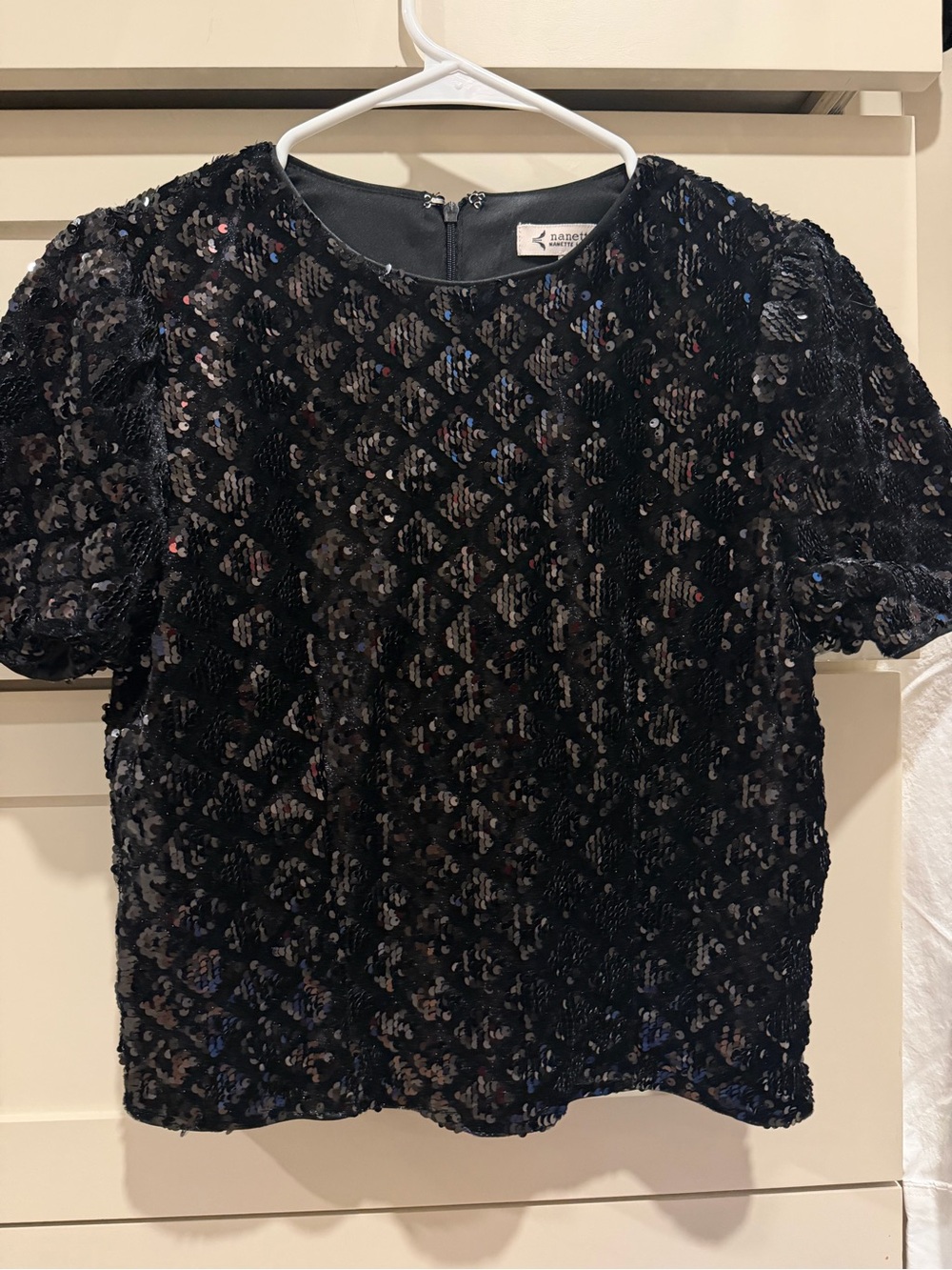 Nanette Lepore Black Sequin Puff Sleeve Top